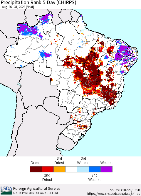 Brazil Precipitation Rank since 1981, 5-Day (CHIRPS) Thematic Map For 8/26/2022 - 8/31/2022