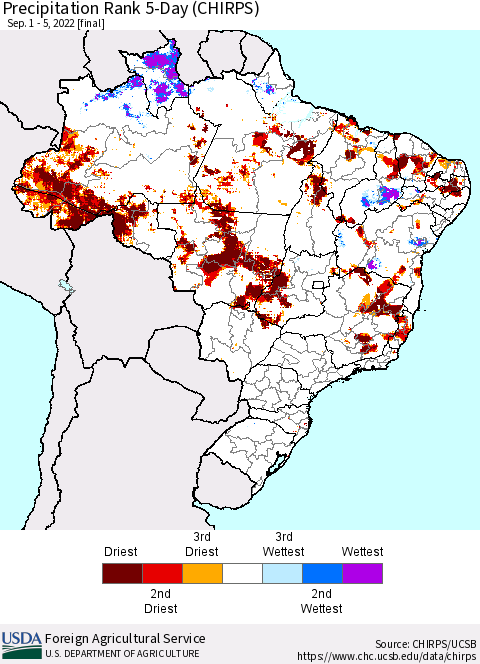 Brazil Precipitation Rank since 1981, 5-Day (CHIRPS) Thematic Map For 9/1/2022 - 9/5/2022