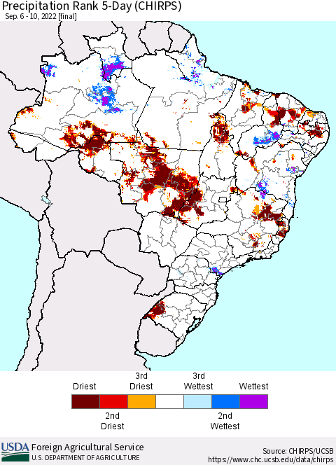 Brazil Precipitation Rank since 1981, 5-Day (CHIRPS) Thematic Map For 9/6/2022 - 9/10/2022