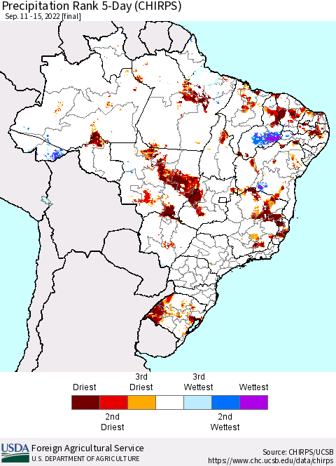 Brazil Precipitation Rank since 1981, 5-Day (CHIRPS) Thematic Map For 9/11/2022 - 9/15/2022