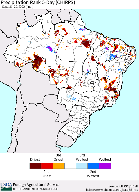 Brazil Precipitation Rank since 1981, 5-Day (CHIRPS) Thematic Map For 9/16/2022 - 9/20/2022