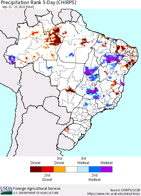 Brazil Precipitation Rank since 1981, 5-Day (CHIRPS) Thematic Map For 9/21/2022 - 9/25/2022