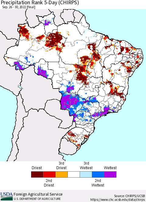 Brazil Precipitation Rank since 1981, 5-Day (CHIRPS) Thematic Map For 9/26/2022 - 9/30/2022