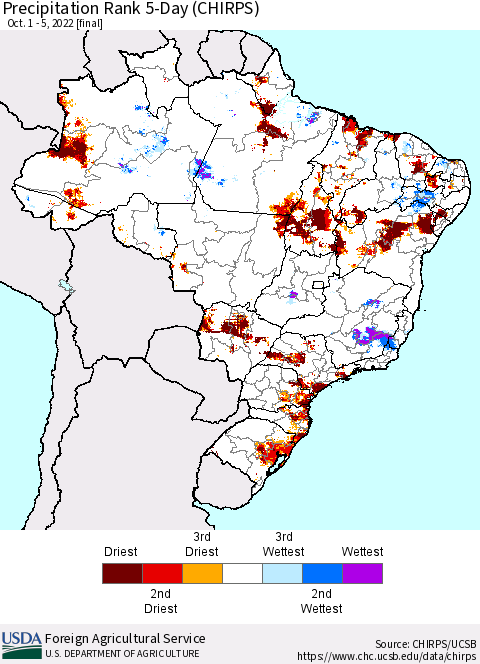 Brazil Precipitation Rank since 1981, 5-Day (CHIRPS) Thematic Map For 10/1/2022 - 10/5/2022