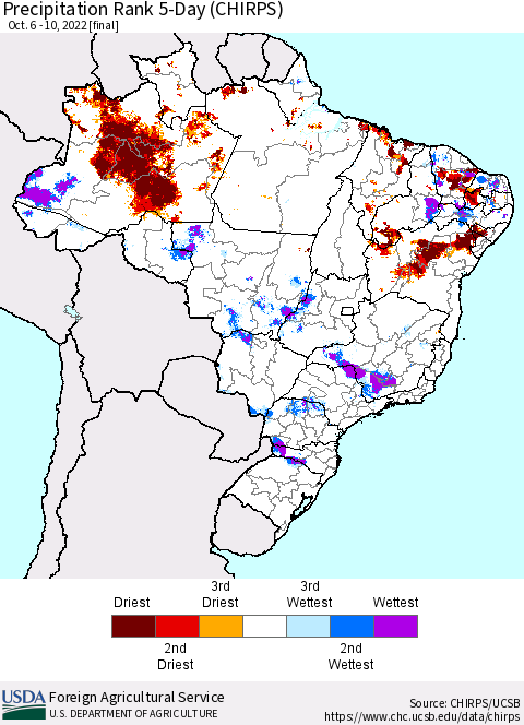 Brazil Precipitation Rank since 1981, 5-Day (CHIRPS) Thematic Map For 10/6/2022 - 10/10/2022