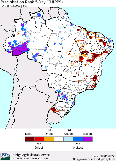 Brazil Precipitation Rank since 1981, 5-Day (CHIRPS) Thematic Map For 10/11/2022 - 10/15/2022
