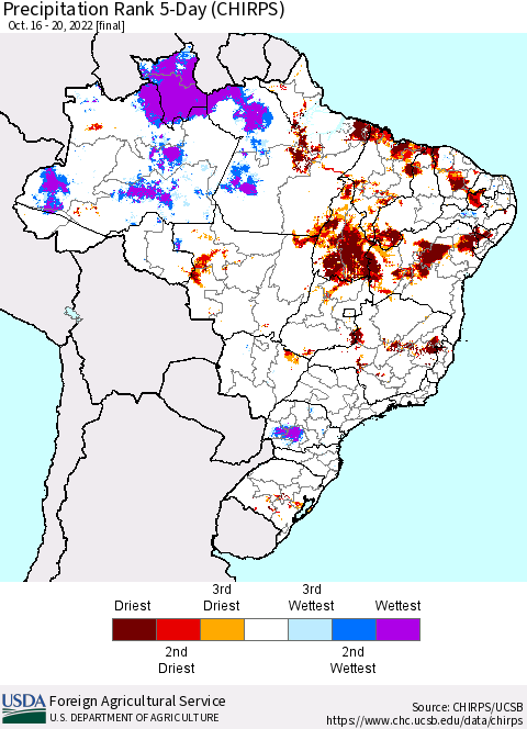 Brazil Precipitation Rank since 1981, 5-Day (CHIRPS) Thematic Map For 10/16/2022 - 10/20/2022