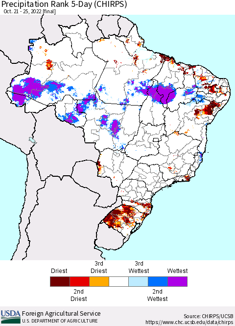 Brazil Precipitation Rank since 1981, 5-Day (CHIRPS) Thematic Map For 10/21/2022 - 10/25/2022