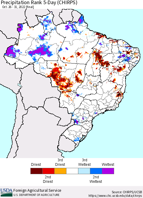 Brazil Precipitation Rank since 1981, 5-Day (CHIRPS) Thematic Map For 10/26/2022 - 10/31/2022