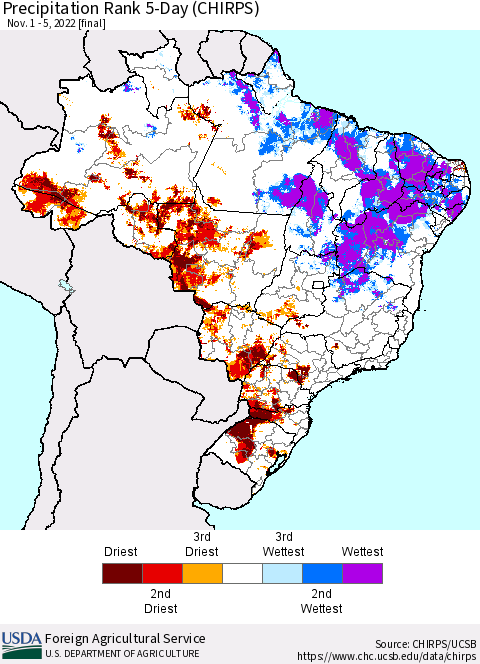 Brazil Precipitation Rank since 1981, 5-Day (CHIRPS) Thematic Map For 11/1/2022 - 11/5/2022