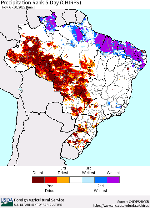 Brazil Precipitation Rank since 1981, 5-Day (CHIRPS) Thematic Map For 11/6/2022 - 11/10/2022