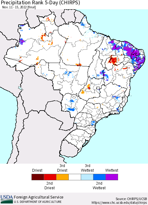 Brazil Precipitation Rank since 1981, 5-Day (CHIRPS) Thematic Map For 11/11/2022 - 11/15/2022