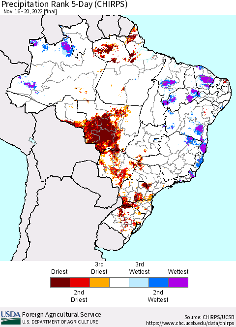 Brazil Precipitation Rank since 1981, 5-Day (CHIRPS) Thematic Map For 11/16/2022 - 11/20/2022