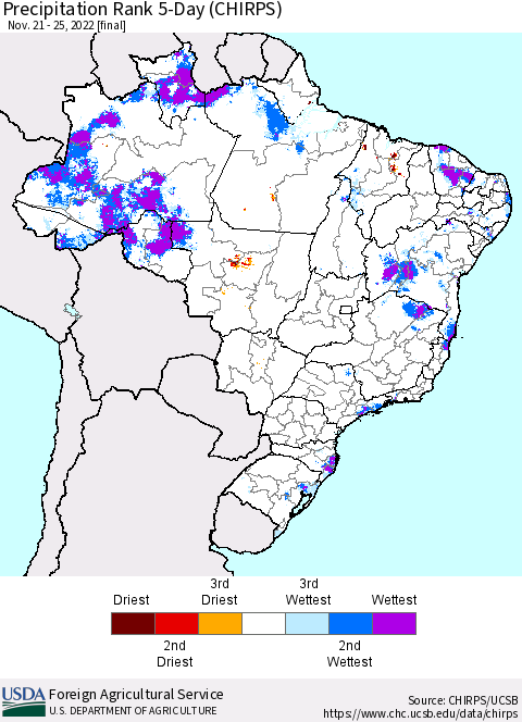 Brazil Precipitation Rank since 1981, 5-Day (CHIRPS) Thematic Map For 11/21/2022 - 11/25/2022