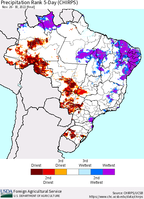 Brazil Precipitation Rank since 1981, 5-Day (CHIRPS) Thematic Map For 11/26/2022 - 11/30/2022