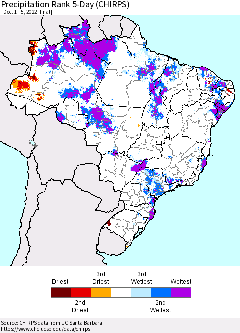 Brazil Precipitation Rank since 1981, 5-Day (CHIRPS) Thematic Map For 12/1/2022 - 12/5/2022