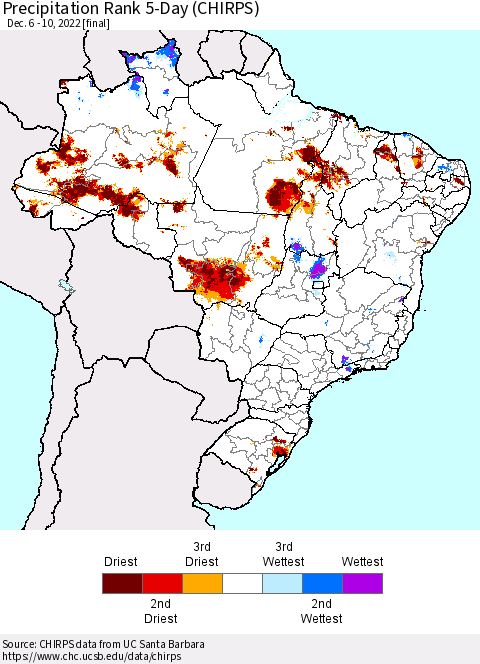 Brazil Precipitation Rank since 1981, 5-Day (CHIRPS) Thematic Map For 12/6/2022 - 12/10/2022