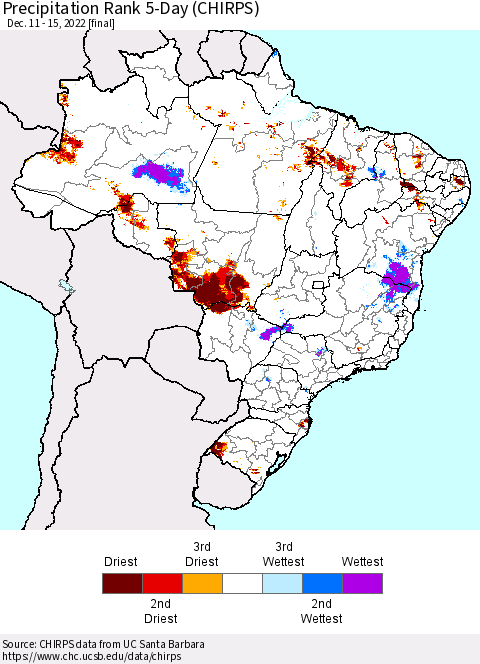 Brazil Precipitation Rank since 1981, 5-Day (CHIRPS) Thematic Map For 12/11/2022 - 12/15/2022