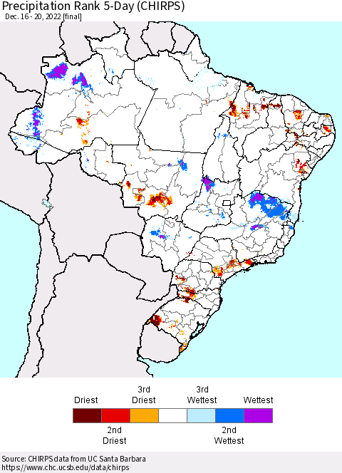 Brazil Precipitation Rank since 1981, 5-Day (CHIRPS) Thematic Map For 12/16/2022 - 12/20/2022