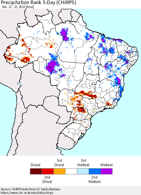 Brazil Precipitation Rank since 1981, 5-Day (CHIRPS) Thematic Map For 12/21/2022 - 12/25/2022