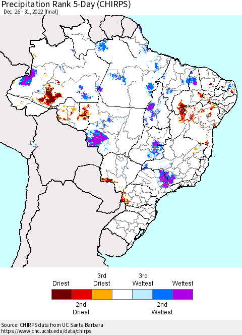 Brazil Precipitation Rank since 1981, 5-Day (CHIRPS) Thematic Map For 12/26/2022 - 12/31/2022