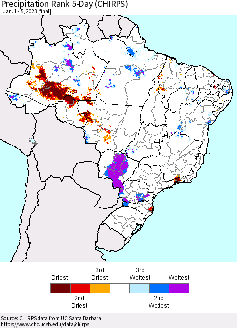 Brazil Precipitation Rank since 1981, 5-Day (CHIRPS) Thematic Map For 1/1/2023 - 1/5/2023