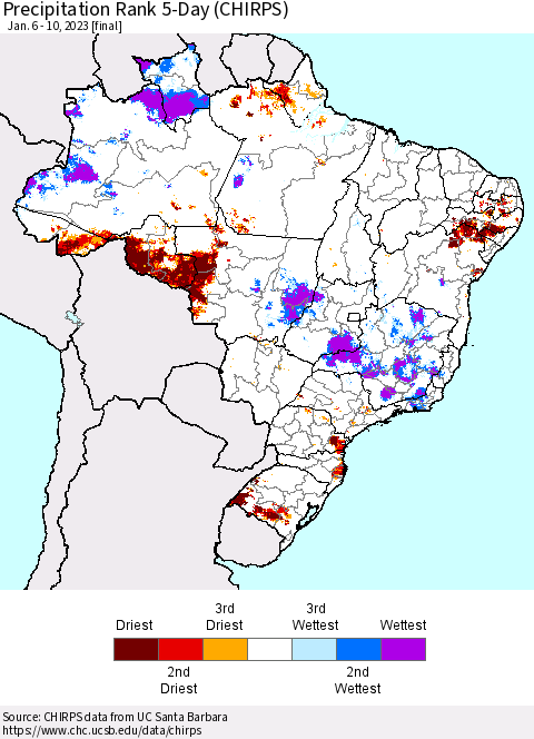 Brazil Precipitation Rank since 1981, 5-Day (CHIRPS) Thematic Map For 1/6/2023 - 1/10/2023