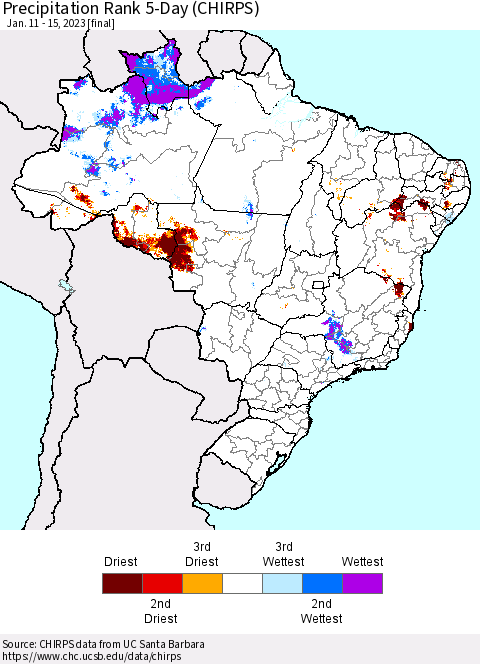 Brazil Precipitation Rank since 1981, 5-Day (CHIRPS) Thematic Map For 1/11/2023 - 1/15/2023