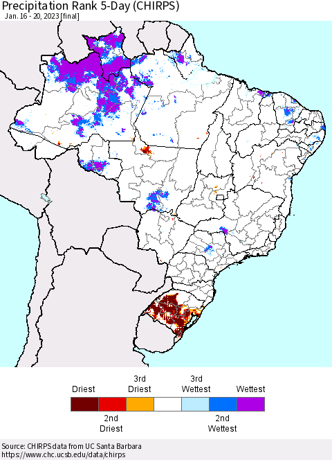 Brazil Precipitation Rank since 1981, 5-Day (CHIRPS) Thematic Map For 1/16/2023 - 1/20/2023