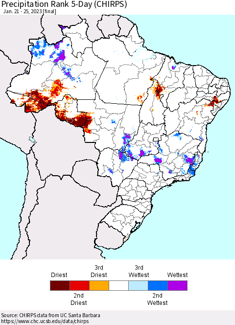 Brazil Precipitation Rank since 1981, 5-Day (CHIRPS) Thematic Map For 1/21/2023 - 1/25/2023
