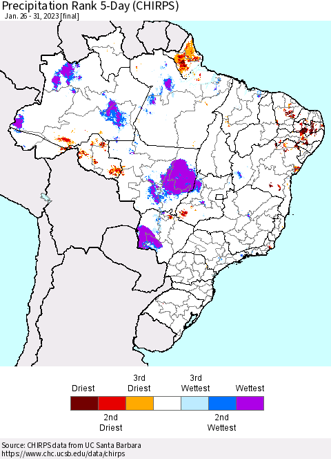 Brazil Precipitation Rank since 1981, 5-Day (CHIRPS) Thematic Map For 1/26/2023 - 1/31/2023
