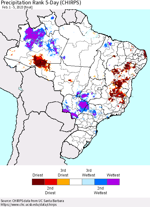 Brazil Precipitation Rank since 1981, 5-Day (CHIRPS) Thematic Map For 2/1/2023 - 2/5/2023