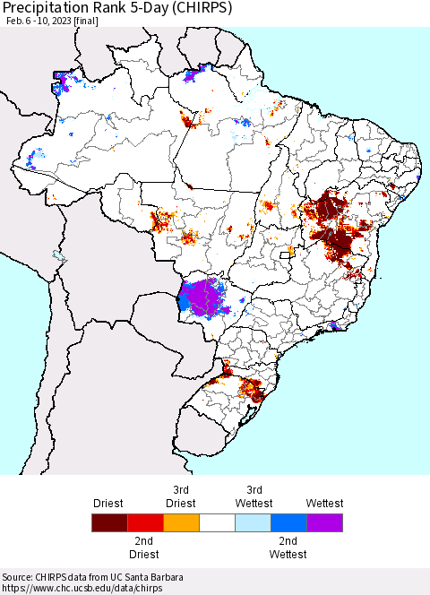 Brazil Precipitation Rank since 1981, 5-Day (CHIRPS) Thematic Map For 2/6/2023 - 2/10/2023