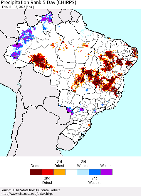 Brazil Precipitation Rank since 1981, 5-Day (CHIRPS) Thematic Map For 2/11/2023 - 2/15/2023