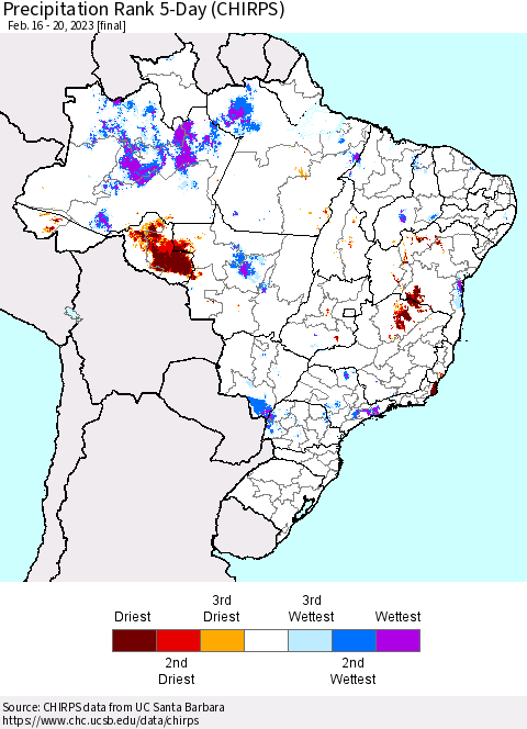 Brazil Precipitation Rank since 1981, 5-Day (CHIRPS) Thematic Map For 2/16/2023 - 2/20/2023