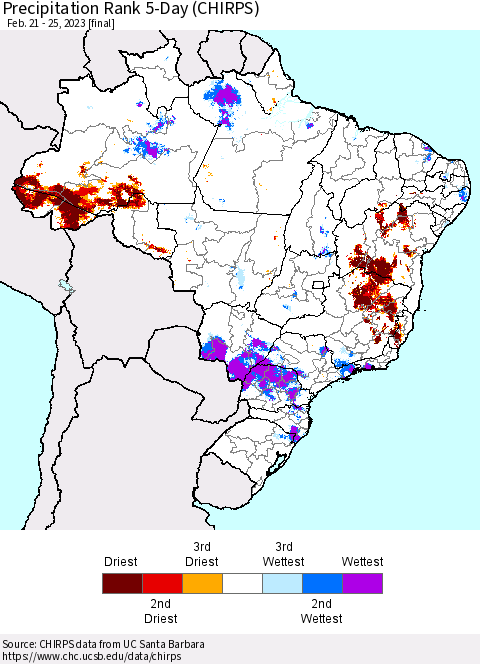 Brazil Precipitation Rank since 1981, 5-Day (CHIRPS) Thematic Map For 2/21/2023 - 2/25/2023