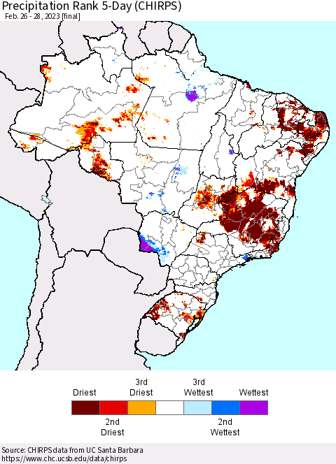 Brazil Precipitation Rank since 1981, 5-Day (CHIRPS) Thematic Map For 2/26/2023 - 2/28/2023