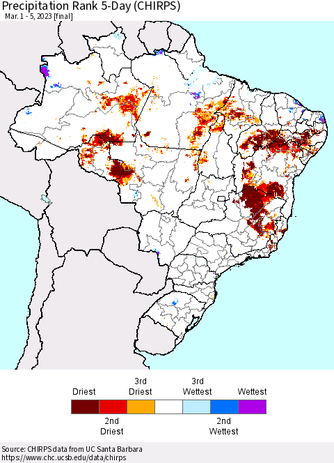 Brazil Precipitation Rank since 1981, 5-Day (CHIRPS) Thematic Map For 3/1/2023 - 3/5/2023