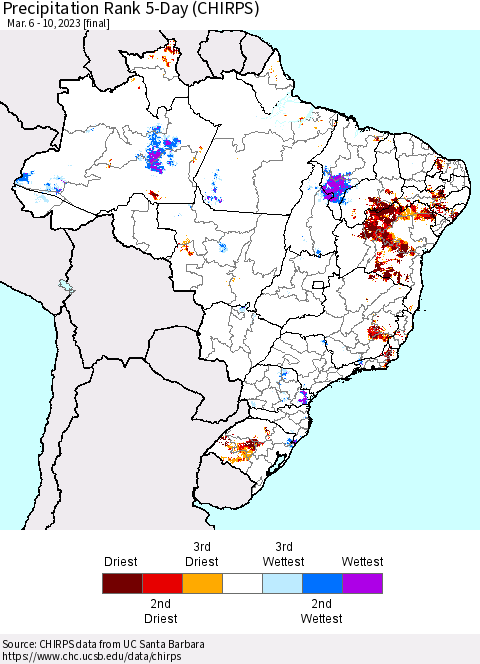 Brazil Precipitation Rank since 1981, 5-Day (CHIRPS) Thematic Map For 3/6/2023 - 3/10/2023