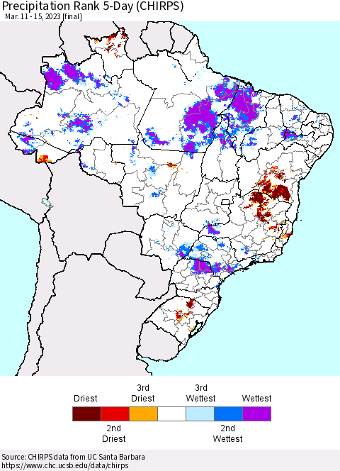 Brazil Precipitation Rank since 1981, 5-Day (CHIRPS) Thematic Map For 3/11/2023 - 3/15/2023