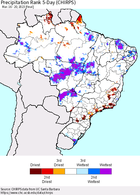 Brazil Precipitation Rank since 1981, 5-Day (CHIRPS) Thematic Map For 3/16/2023 - 3/20/2023