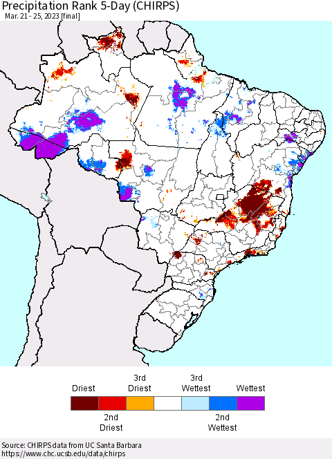 Brazil Precipitation Rank since 1981, 5-Day (CHIRPS) Thematic Map For 3/21/2023 - 3/25/2023