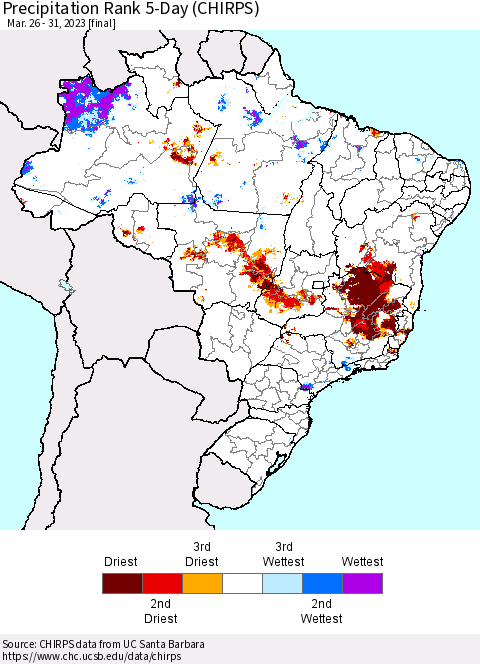 Brazil Precipitation Rank since 1981, 5-Day (CHIRPS) Thematic Map For 3/26/2023 - 3/31/2023