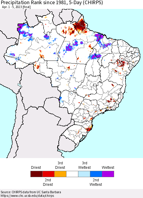 Brazil Precipitation Rank since 1981, 5-Day (CHIRPS) Thematic Map For 4/1/2023 - 4/5/2023