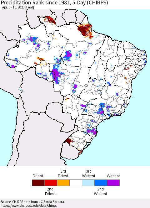 Brazil Precipitation Rank since 1981, 5-Day (CHIRPS) Thematic Map For 4/6/2023 - 4/10/2023