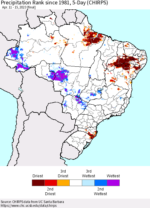 Brazil Precipitation Rank since 1981, 5-Day (CHIRPS) Thematic Map For 4/11/2023 - 4/15/2023