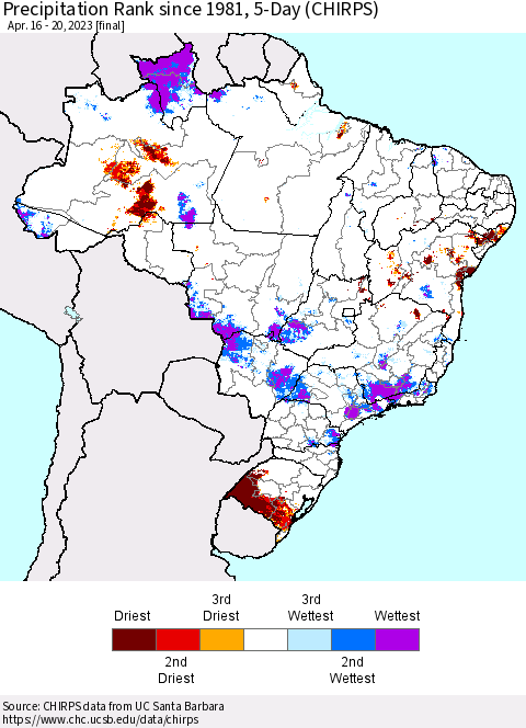 Brazil Precipitation Rank since 1981, 5-Day (CHIRPS) Thematic Map For 4/16/2023 - 4/20/2023