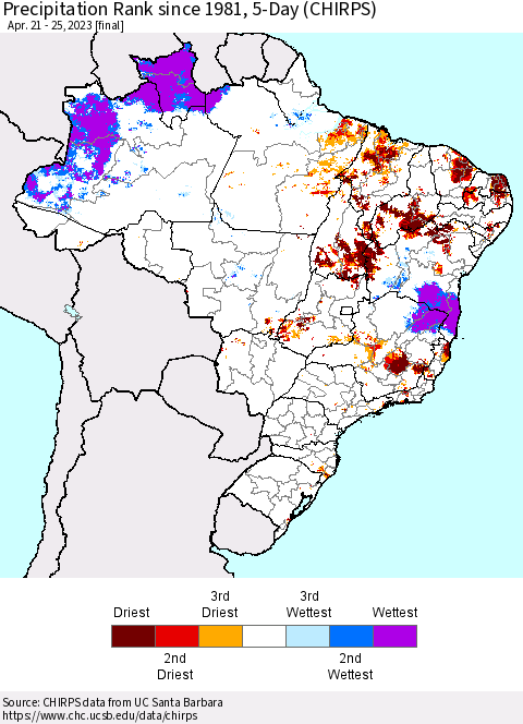Brazil Precipitation Rank since 1981, 5-Day (CHIRPS) Thematic Map For 4/21/2023 - 4/25/2023