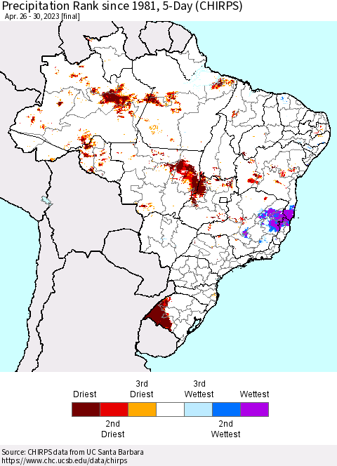 Brazil Precipitation Rank since 1981, 5-Day (CHIRPS) Thematic Map For 4/26/2023 - 4/30/2023