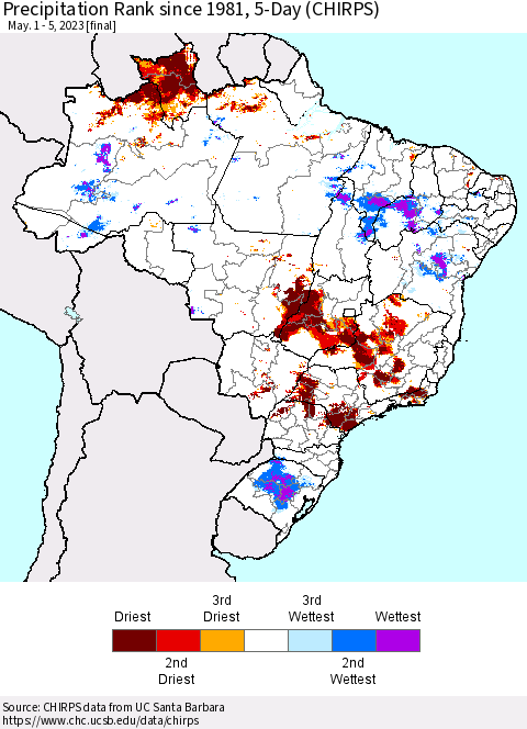 Brazil Precipitation Rank since 1981, 5-Day (CHIRPS) Thematic Map For 5/1/2023 - 5/5/2023